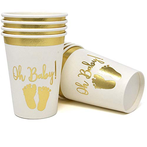 Product Cover Gift Boutique 50 Baby Shower Cups 9 oz Paper Disposable Cup Tableware for Boys or Girls Neutral Gender Reveal Party Supplies Decorations Gold Foil and White Oh Baby with Baby Footprints