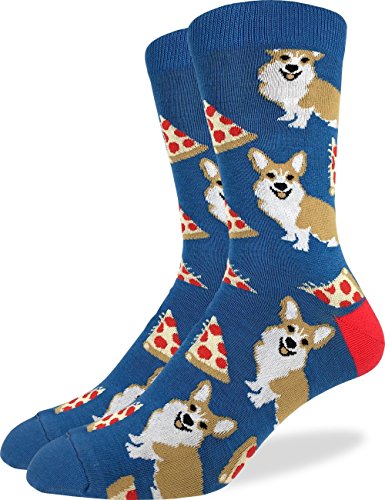 Product Cover Good Luck Sock Men's Corgi Pizza Crew Socks - Blue, Shoe Size 7-12