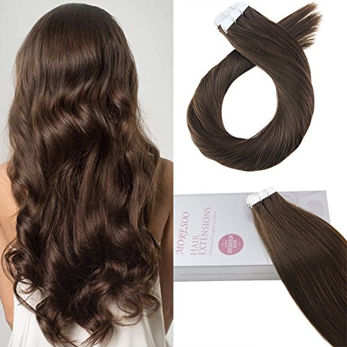 Product Cover Moresoo 18 Inch Tape in Extensions Remy Hair Brown Color #4 Seamless Skin Weft Tape in Hair Extensions Straight Hair Extensions Thick to End 20pcs/50g