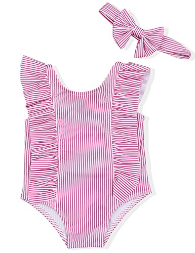 Product Cover Baby Girl Bikini Striped Beach Swimsuit Ruffles Bathing Suit Swimwear+Headband 2 Pcs Set（80/3-6 Months） Pink