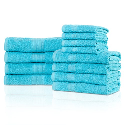 Product Cover Superior 100% Ring-Spun Cotton, Bathroom, Ultra Absorbent, Super Soft, Attractive Border, Turquoise Eco-Friendly 12-Piece Towel Set,