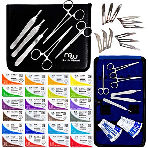 Product Cover Mixed Sterile Suture Threads with Needle + Training Tools (Absorbable: Chromic Catgut; Non-Absorbable: Nylon, Silk, Polyester, Polypropylene) - Medical, Nursing, and Veterinary Students Kit (43 Pack)