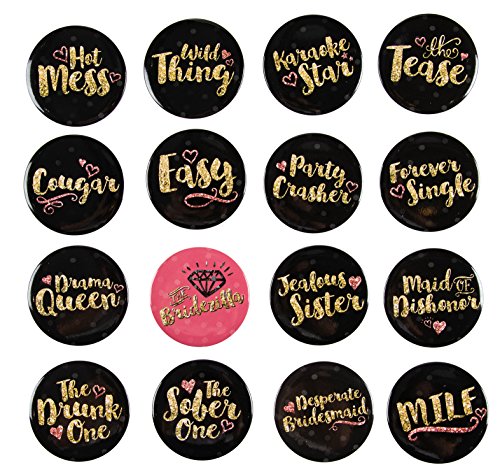Product Cover Pinback Buttons - 16-Pack Bachelorette Party Button Pins in 16 Designs for Bridal Shower Party Favors, Black and Gold, 2.25 Inches Diameter