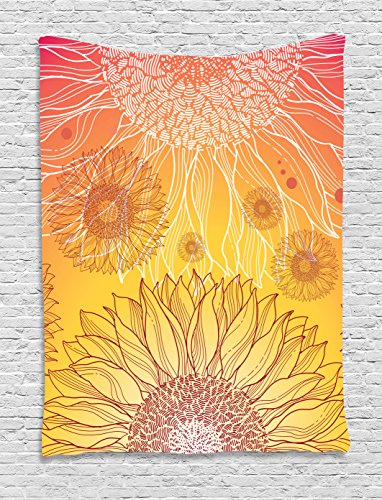 Product Cover Ambesonne Botanical Tapestry, Sunflowers in Warm Colors Doodle Agriculture Design Blooming Plants, Wall Hanging for Bedroom Living Room Dorm, 60