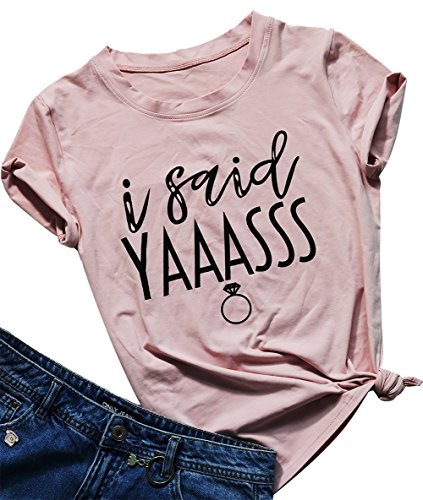 Product Cover Bride T Shirt I Said Yaass Diamond Ring Wedding Honeymoon Shirts Women Vacation Bachelorette Party Tees Tops Size L (Pink)