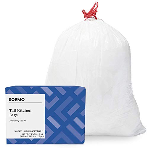 Product Cover Amazon Brand - Solimo Tall Kitchen Drawstring Trash Bags, 13 Gallon, 200 Count