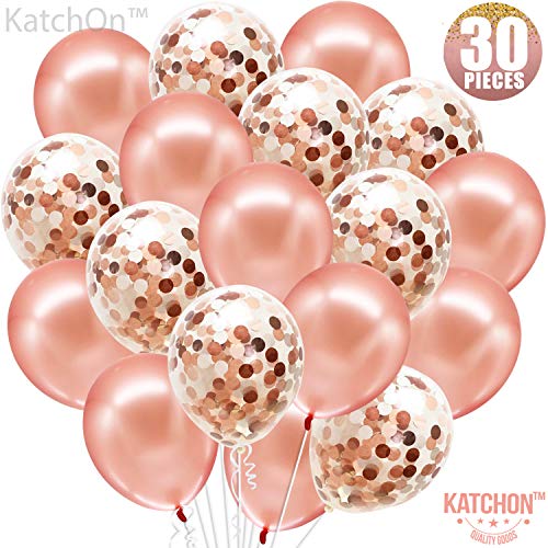Product Cover Rose Gold Confetti Balloons Decorations - Pack of 30, 12 Inch, Great for Bridal Shower Decorations, Birthday Party | Bridal Shower Balloons | Pre-filled Rose Gold Confetti Metallic Latex Balloons