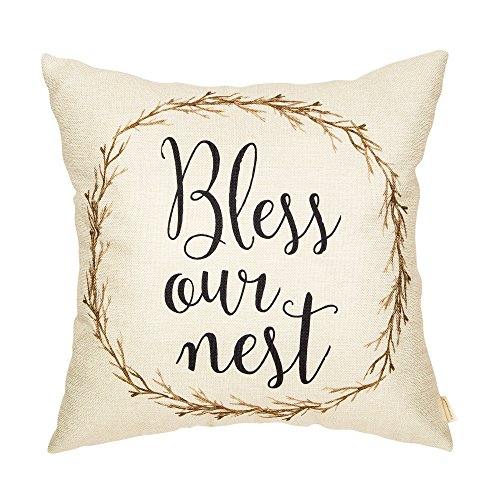 Product Cover Fahrendom Rustic Spring Summer Décor Bless Our Nest Vine Wreath Vintage Country Style Retro Farmhouse Decoration Cotton Linen Home Decorative Throw Pillow Case Cushion Cover for Sofa Couch 18 x 18 in