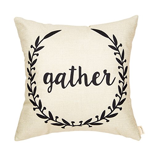 Product Cover Fahrendom Rustic Gather Olive Branch Vine Wreath Vintage Country Style Retro Farmhouse Quote Gift Cotton Linen Home Decorative Throw Pillow Case Cushion Cover with Words for Sofa Couch 18 x 18 Inch
