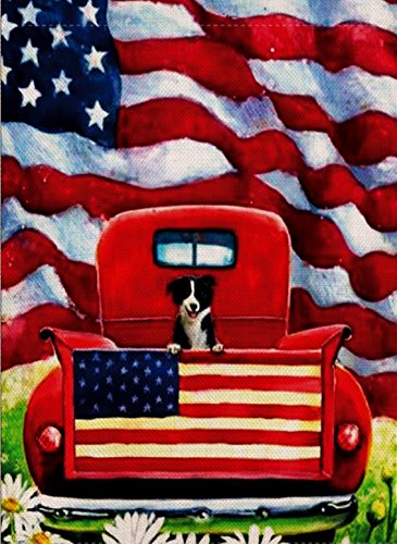 Product Cover Dyrenson Decorative Outdoor 4th of July Dog Flowers Garden Flag Double Sided, Rustic Farm Old Red Truck House Yard Flag Daisy, Home American Holiday USA Seasonal Outdoor Flag 12.5 x 18 Gift