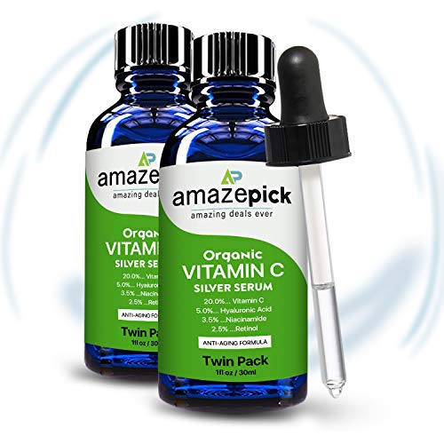 Product Cover Twin Pack Organic Vitamin C Serum with Hyaluronic acid reduce Wrinkles,boost collagen,Anti-Aging,filling in fine lines & glow skin.Niacinamide delay skin aging,Retinol reverse sun damage of Amazepick