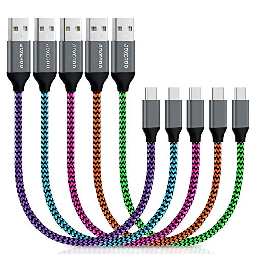 Product Cover USB Type C Cable, Boxeroo 1FT Short USB C Cable Durable Nylon Braided Cords Fast Charge USB 2.0 Data Sync Compatible with Samsung Galaxy Note 8 Note 9 S10 S10+ S9 S8 S8+ LG V20V30 G6 Nexus 5X 6P-5Pack