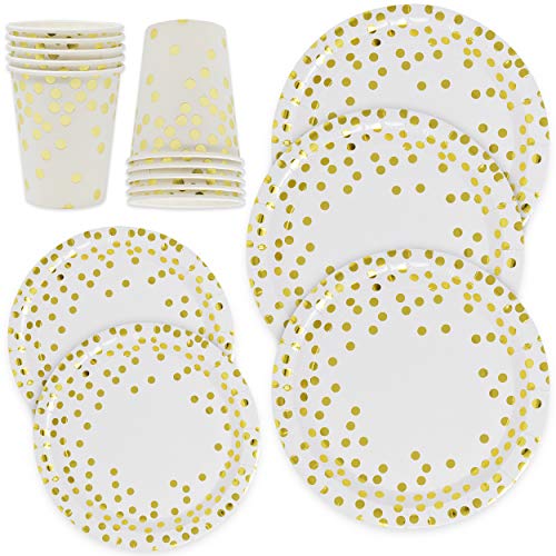 Product Cover Gift Boutique Gold Dot Disposable Paper Plates and Cups Set For 50; Gold Metallic Foil 50 Dinner Plates 50 Dessert Plates and 50 9 oz Cups for Thanksgiving Christmas Baby Shower Wedding Birthday