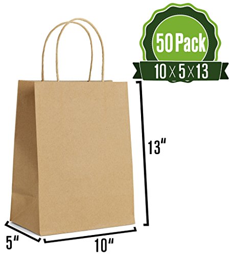 Product Cover 10 X 5 X 13 Kraft Paper Gift Bags Bulk with Handles [50Pc]. Ideal for Shopping, Packaging, Retail, Party, Craft, Gifts, Wedding, Recycled, Business, Goody and Merchandise Bag (Brown)
