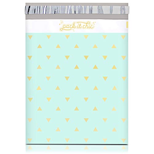 Product Cover Pack It Chic - 10X13 (100 Pack) Mint Gold Triangles Poly Mailer Envelope Plastic Custom Mailing & Shipping Bags - Self Seal (More Designs Available)