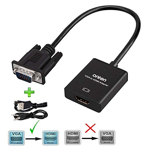 Product Cover VGA to HDMI, Onten 1080P VGA to HDMI Adapter (Male to Female) for Computer, Desktop, Laptop, PC, Monitor, Projector, HDTV with Audio Cable and USB Cable (Black)
