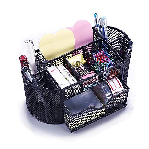 Product Cover VANRA Metal Mesh Desk Supply Caddy Desktop Office Supplies Organizer Supply Holder 8 Compartments with Drawer (Black)