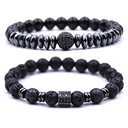Product Cover Dolovely 8mm Black Lava Stone Beads Diffuser Bracelet for Men Women CZ Charm Bracelet Set