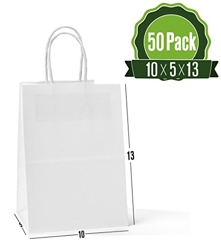 Product Cover 10 X 5 X 13 White Kraft Paper Gift Bags Bulk with Handles [50Pc]. Ideal for Shopping, Packaging, Retail, Party, Craft, Gifts, Wedding, Recycled, Business, Goody and Merchandise Bag (White)