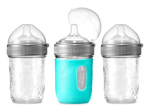 Product Cover The Original 8 oz. Mason Bottle, (Pack of 3) Wide Neck, Slow Flow Glass Baby Bottles with 1 Silicone Sleeve, BPA-Free, 100% Made in The USA
