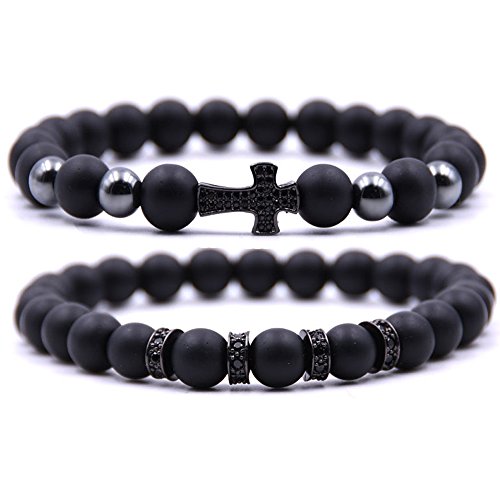 Product Cover Dolovely 8mm Stone Beads Cross Charm Bracelet CZ Black Matte Onyx Bracelet Set for Men Women