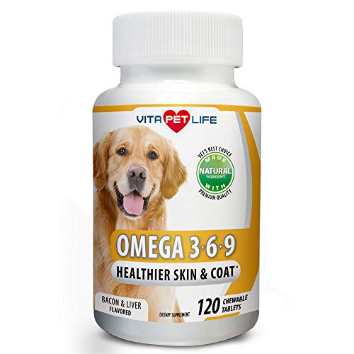 Product Cover Omega 3 6 9 for Dogs, Fish Oil, Flaxseed Oil, DHA EPA Fatty Acids, Brain Health, Shiny Coat, Itchy and Dry Skin Relief, Immune System Support, Anti Inflammatory,120 Natural Chew-able Tablets.