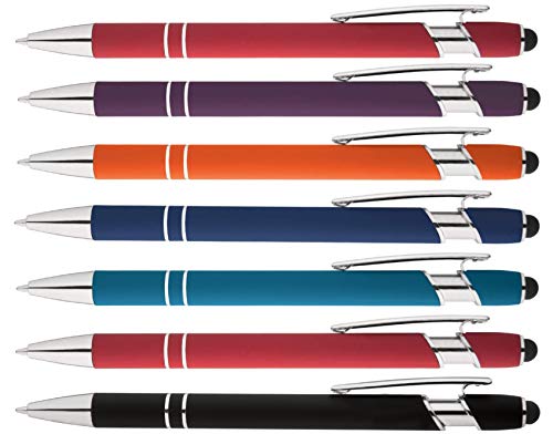 Product Cover Rainbow Rubberized Soft Touch Ballpoint Pen with Stylus Tip a stylish, premium metal pen, black ink, medium point. Box of 7 (ASSORTMENT)