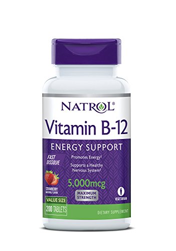 Product Cover Natrol Vitamin B12 Fast Dissolve Tablets, Promotes Energy, Supports a Healthy Nervous System, Maximum Strength, Strawberry Flavor, 5,000mcg, 200 Count