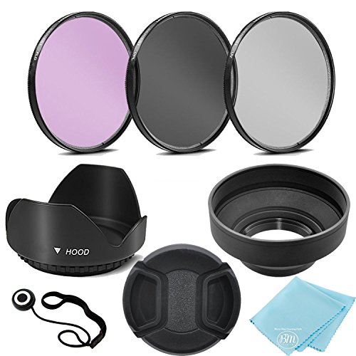 Product Cover 62mm 3 Piece Filter Kit (UV-CPL-FLD) + 62mm Tulip Lens Hood + 62mm Soft Rubber Hood + 62mm Lens Cap + for Select Canon, Nikon, Sony, Olympus, Panasonic, Fuji, Sigma SLR Lenses, Cameras and Camcorders