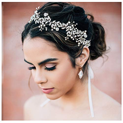 Product Cover SWEETV Crystal Bridal Headpiece Silver Wedding Headband for Brides Pearl Hair Vine Rhinestone Hair Accessories for Women