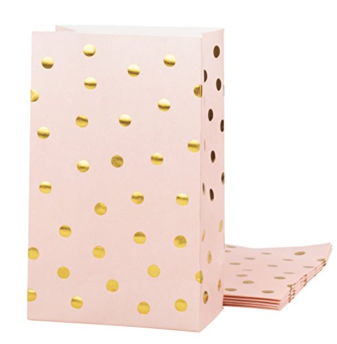 Product Cover Party Treat Bags - 24-Pack Gift Bags Party Supplies, Paper Favor Bags, Recyclable Goodie Bags for Birthdays, Weddings, Baby Showers, Gold Foil Dots Design, Pink, 5.5 x 8.6 x 3 inches