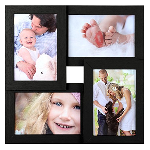 Product Cover SONGMICS Collage Picture Frames, 4 x 6 Inches for 4 Photos, Picture Frames, Glass Front, Wood Grain Frame, Wall Hanging or Tabletop Stand, Black URPF25BK