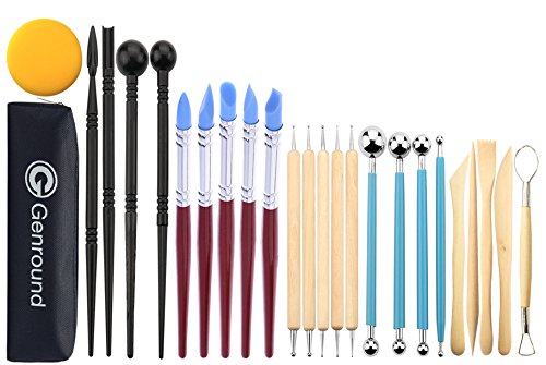 Product Cover Polymer Clay Tools, Genround 25pcs Modeling Clay Sculpting Tools, 5 Dotting Tools, 5 Rubber Tip Pens, 4 Ball Stylus, 4 Modeling Pottery Tools, 5 Clay Carving Tools, Sponge and Storage Bag