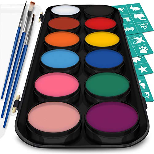 Product Cover Face and Body Paint Kit for Kids - Set of 12 Classic Colors with Flat and Detail Painting Brushes - Comes w/ 30 Design Stencils - Non Toxic, Water Based and FDA Compliant