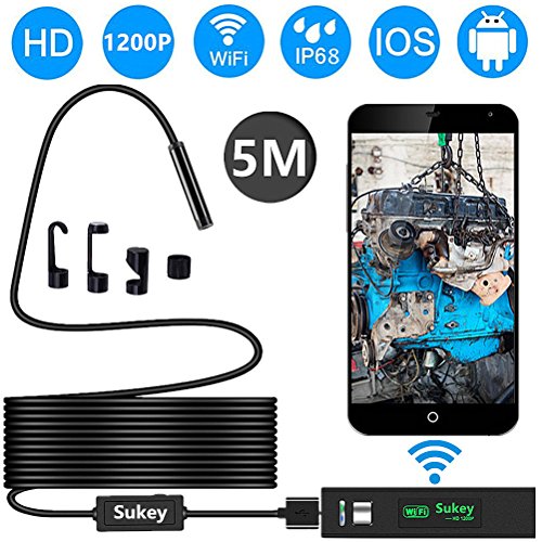 Product Cover Endoscope iPhone, Sukey Wireless Endoscope Inspection Camera Borescope iPhone 2.0MP HD Waterproof IP68 WiFi Borescope Semi-Rigid Snake Camera for iPhone, Android, iOS Smartphone, Tablet, PC (16.5FT)