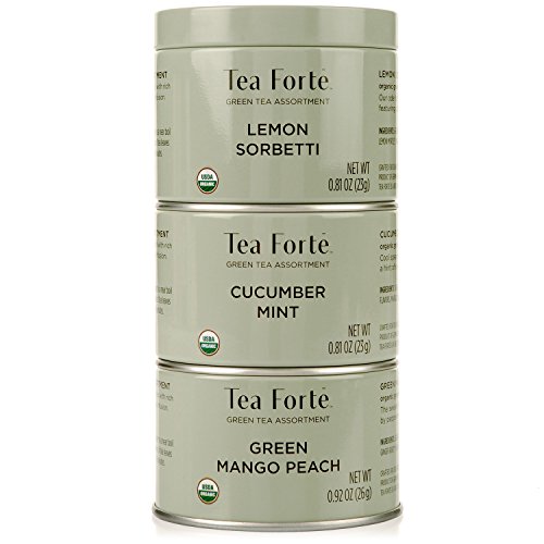 Product Cover Tea Forte Loose Leaf Tea Trio, 3 Small Tea Tins, Green Tea Sampler, Lemon Sorbetti, Cucumber Mint, and Green Mango Peach