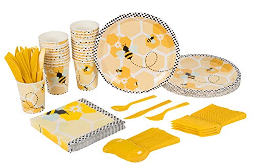 Product Cover Bee Party Supplies - Serves 24 - Includes Plates, Knives, Spoons, Forks, Cups and Napkins. Perfect Birthday Party Pack for Kids Themed Parties and Baby Shower, Bumblebee Pattern