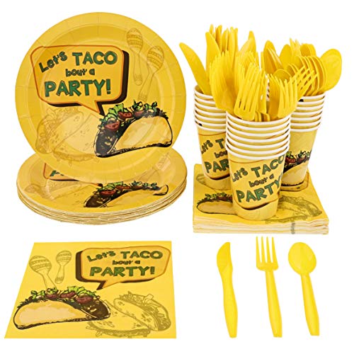 Product Cover Blue Panda Mexican Taco Fiesta Party Pack Supplies for 24 Guests - Plates, Knives, Spoons, Forks, Napkins, and Cups