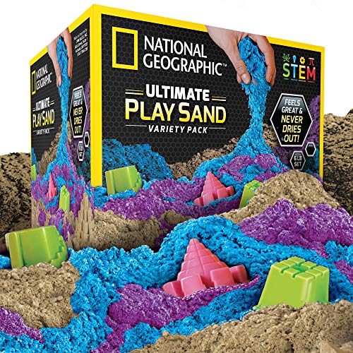 Product Cover NATIONAL GEOGRAPHIC Play Sand Combo Pack - 2 LBS each of Blue, Purple and Natural Sand with Castle Molds - A Kinetic Sensory Activity