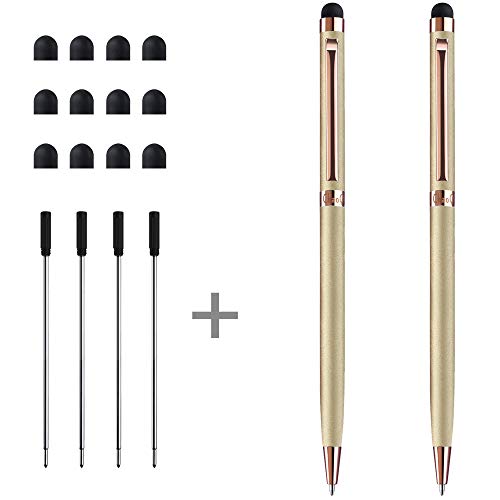 Product Cover Stylus Pens, ChaoQ (All Metal Material) 2 Pcs Gold, Rose Gold Clip Stylus Pen and Ballpoint Pens for Touch Screen Devices, iPad, iPhone, Tablet, with 12 Extra Rubber Tip, 4 Extra Refills