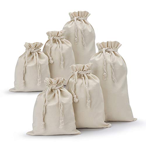 Product Cover Canvas Drawstring Bag, 6 Pack Segarty Thick Natural Cotton Draw String Muslin Bags Bulk, Reusable Produce Plain Small Pouch, Storage Vegetable Fruits, Tea Leaves, Grains, Nuts, Beans, Lunch Sacks