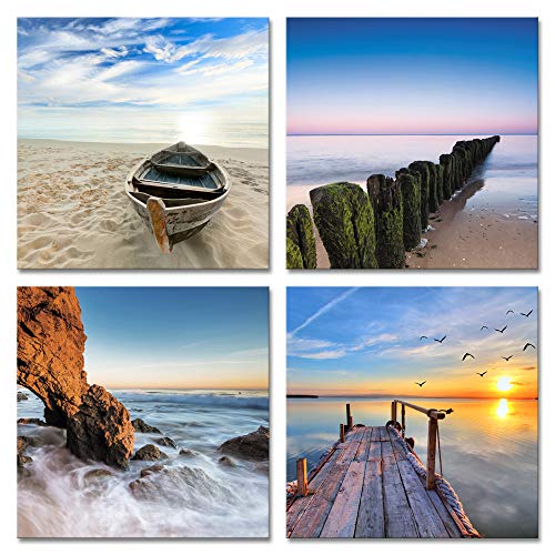 Product Cover Wieco Art Seaview Sea Beach Canvas Prints Wall Art Large Modern 4 Panels Seascape Giclee Paintings Pictures Stretched and Framed Landscape Artwork Ready to Hang for Home Decorations