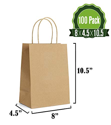 Product Cover Brown Kraft Paper Gift Bags Bulk with Handles 8 X 4.5 X 10.5 [100Pcs]. Ideal for Shopping, Packaging, Retail, Party, Craft, Gifts, Wedding, Recycled, Business, Goody and Merchandise Bag