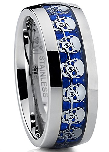 Product Cover Metal Masters Co. Men's Dome Stainless Steel Ring Band with Blue Carbon Fiber and Skull Design