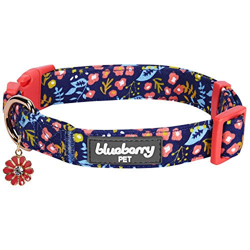 Product Cover Blueberry Pet 6 Patterns Spring Scent Inspired Mystery Garden Adjustable Dog Collar in Navy Blue, Medium, Neck 14.5