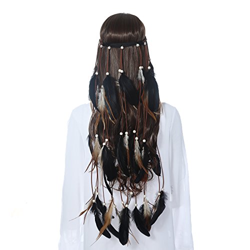 Product Cover Hippie Feather Headband Boho Headdress - AWAYTR Feather Crown Elastic Gypsy Festival Headband Indian Hair Accessories (Black)