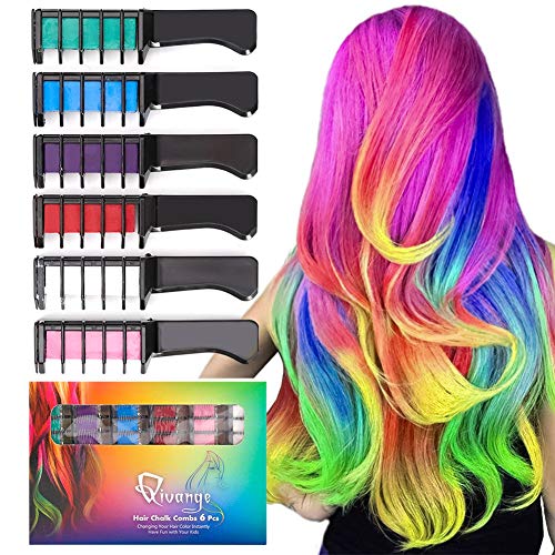 Product Cover Qivange Hair Chalk Comb for Girls Kids Gifts Age 4 5 6 7 8 9 10+ Years Old, Non-Toxic Washable Temporary Hair Chalk Bright 6 Color Hair Color Dye for Adult Birthday Gift Cosplay Party Makeup