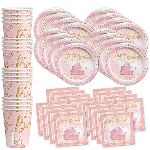 Product Cover Pink and Gold 1st Birthday Party Supplies Set Plates Napkins Cups Tableware Kit for 16