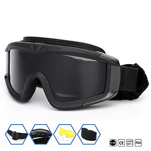 Product Cover Outdoor Sports Military Airsoft Tactical Goggles with 3 Interchangable Lens Impact resistance Hunting Eyewear, UV400 Protection Shooting Glasses for Men Women Motorcycle Riding Wargame Paintball Black