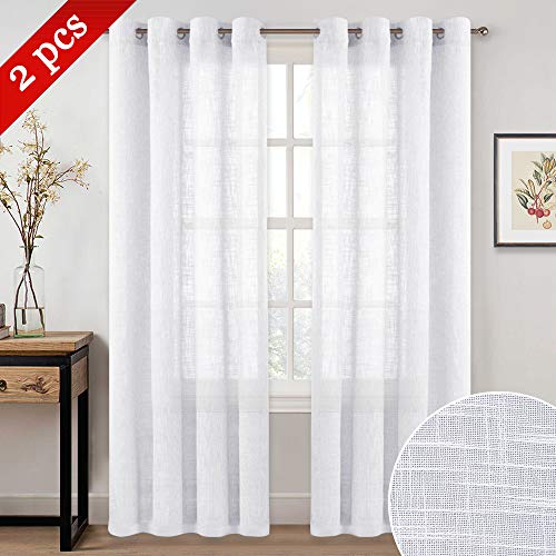 Product Cover NICETOWN Linen Look Window Curtains 95 - Soft Grommet Top Slub Open Weave Translucent Sheer Curtain Sets for Patio Glass Door (White, 2 Pieces, 52